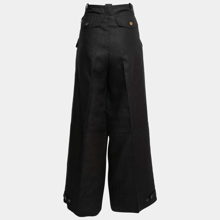 Pre Owned Gianfranco Ferre Vintage Black Linen Wide Leg Trousers L