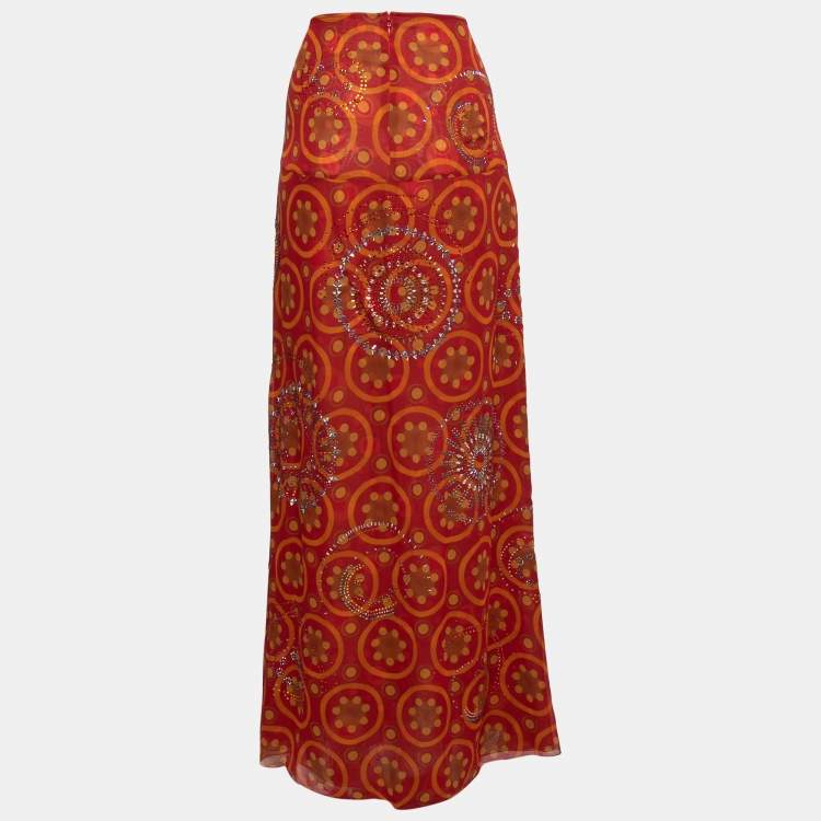 Pre Owned Gianfranco Ferre Vintage Red Printed Silk Embellished Maxi Skirt L