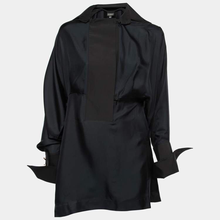 Pre Owned Gianfranco Ferre Vintage Black Silk Collared Tunic M