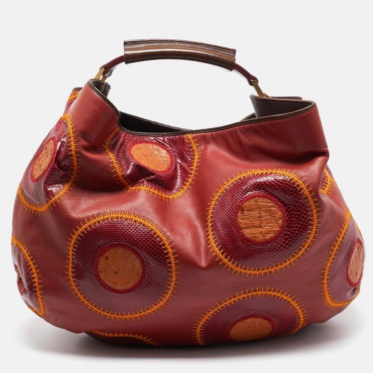Pre Owned Gianfranco Ferre Multicolor Leather, Snakeskin and Ostrich Embroidered Patch Hobo
