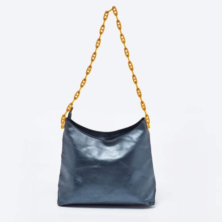 Pre Owned Gianfranco Ferre Metallic Blue Leather Chain Hobo