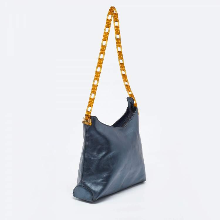 Pre Owned Gianfranco Ferre Metallic Blue Leather Chain Hobo
