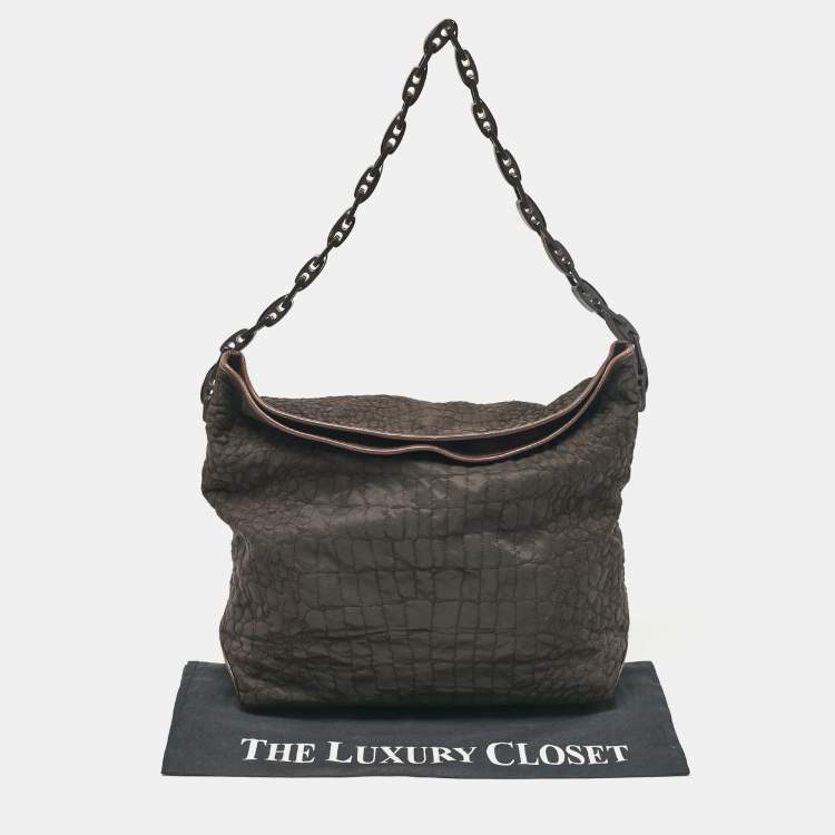 Pre Owned Gianfranco Ferre Dark Brown Fabric and Leather Chain Bucket Bag