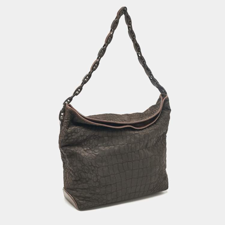 Pre Owned Gianfranco Ferre Dark Brown Fabric and Leather Chain Bucket Bag