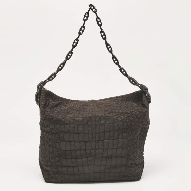 Pre Owned Gianfranco Ferre Dark Brown Fabric and Leather Chain Bucket Bag