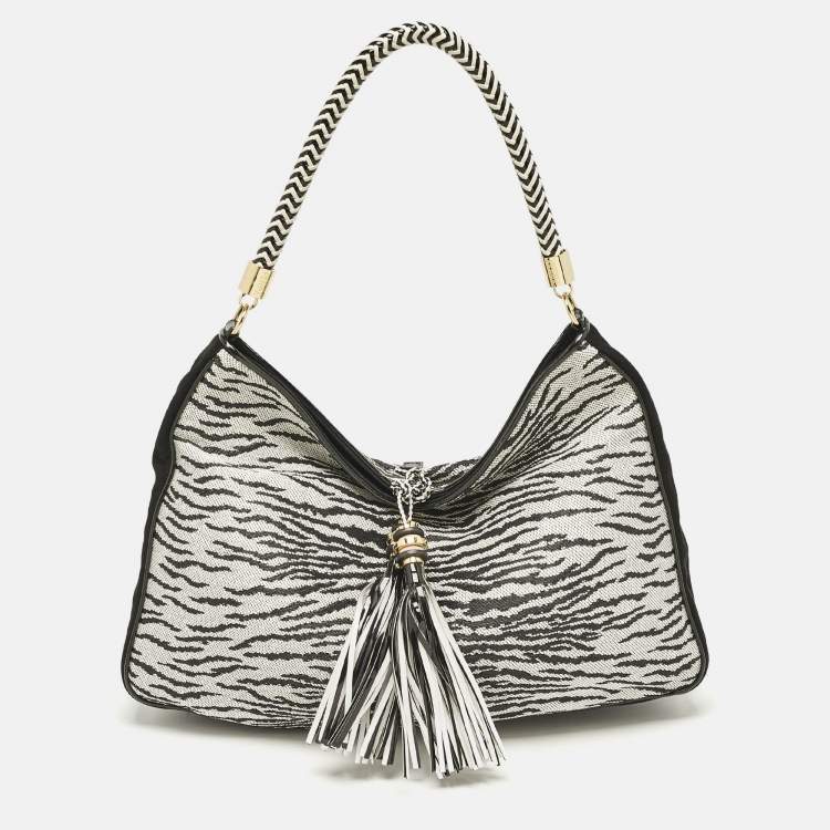 Pre Owned Gianfranco Ferre Black/White Zebra Effect Straw Tassel Hobo