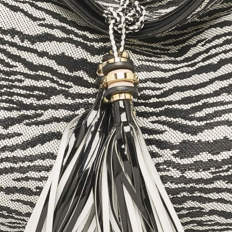 Pre Owned Gianfranco Ferre Black/White Zebra Effect Straw Tassel Hobo