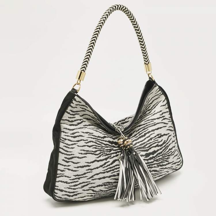 Pre Owned Gianfranco Ferre Black/White Zebra Effect Straw Tassel Hobo