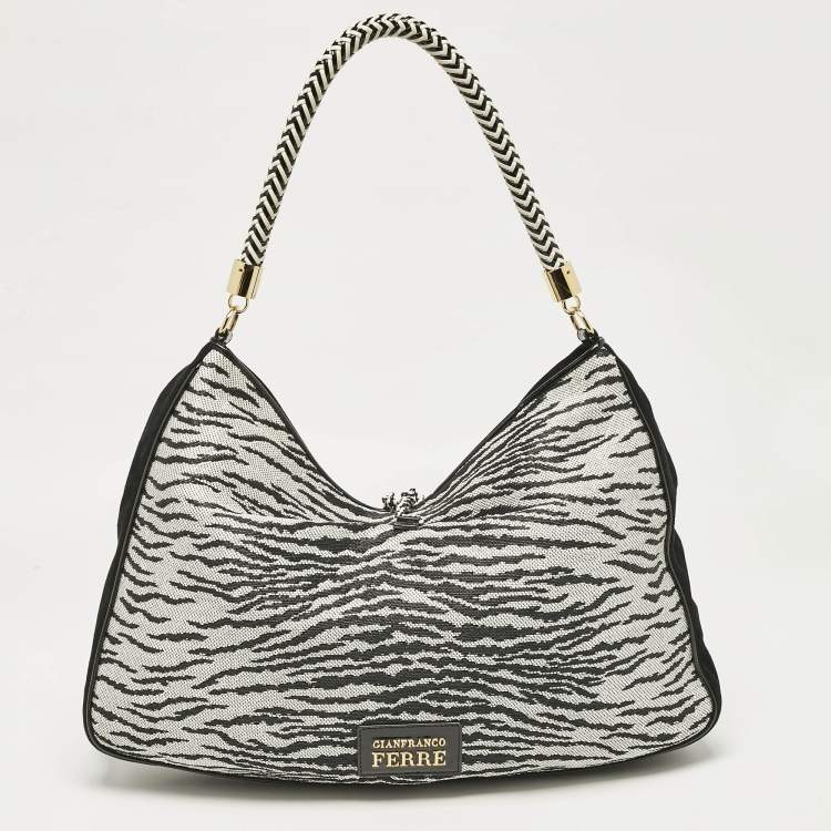 Pre Owned Gianfranco Ferre Black/White Zebra Effect Straw Tassel Hobo
