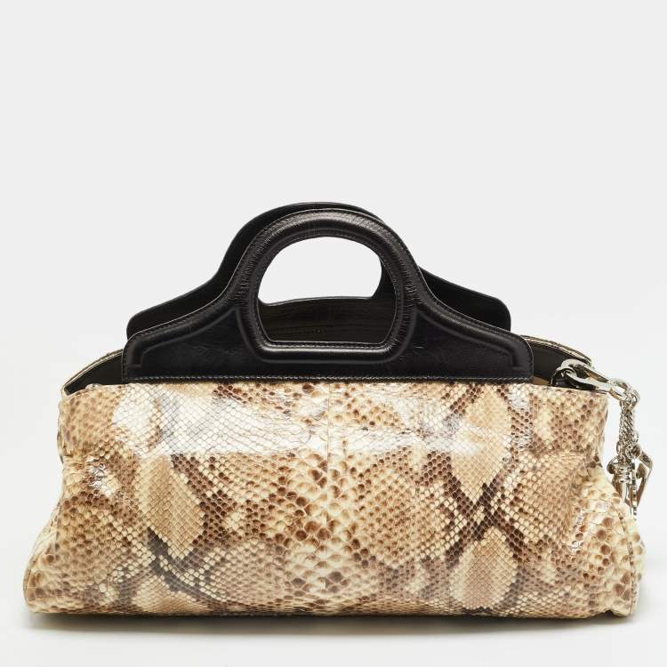 Pre Owned Gianfranco Ferre Beige/Black Watersnake and Leather Charm Satchel