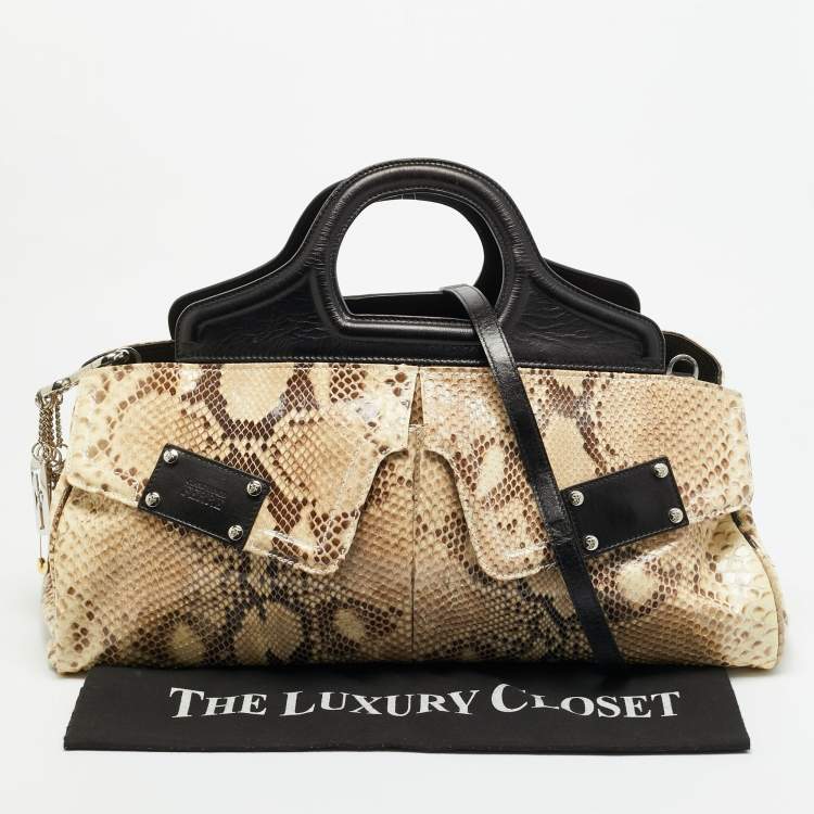 Pre Owned Gianfranco Ferre Beige/Black Watersnake and Leather Charm Satchel