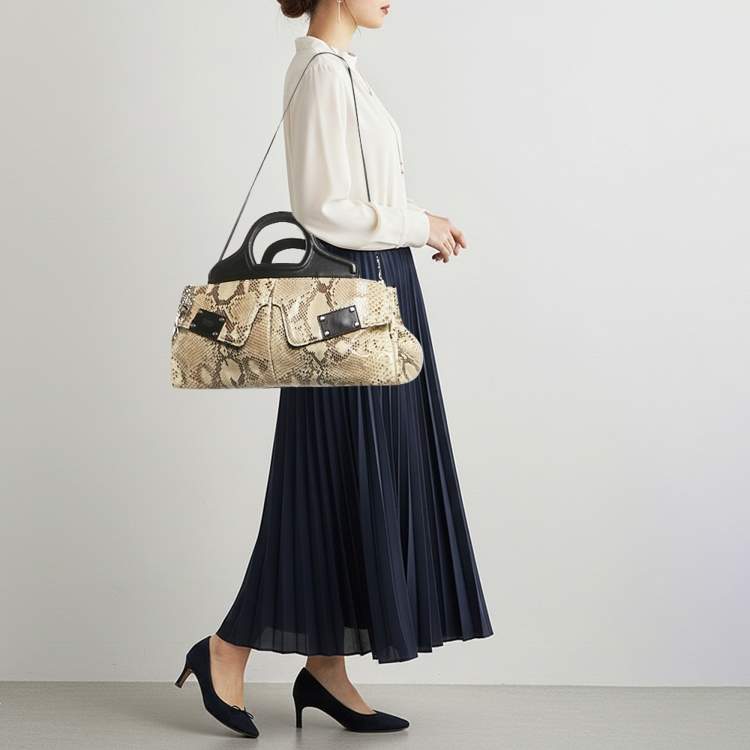 Pre Owned Gianfranco Ferre Beige/Black Watersnake and Leather Charm Satchel