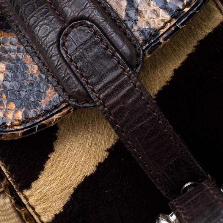 Pre Owned Gianfranco Ferre Beige/Brown Nylon/Python and Calfhair Satchel