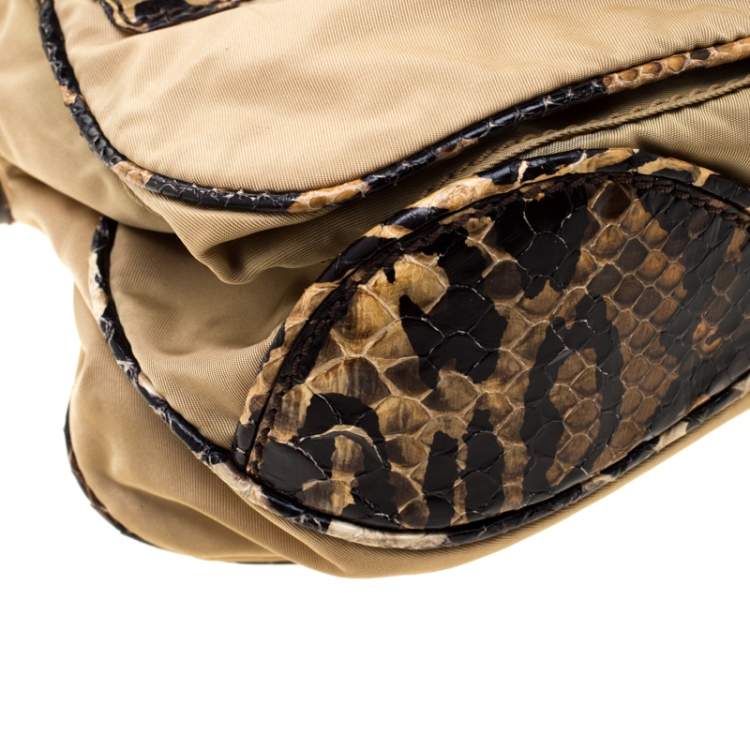 Pre Owned Gianfranco Ferre Beige/Brown Nylon/Python and Calfhair Satchel