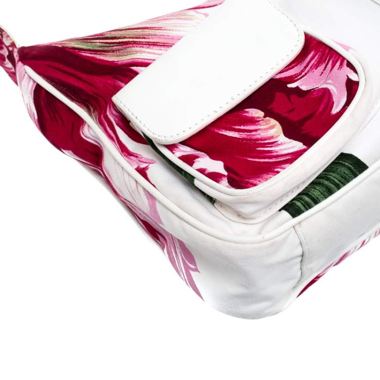 Pre Owned Gianfranco Ferre White/Pink Floral Print Canvas and Leather Pocket Shoulder Bag