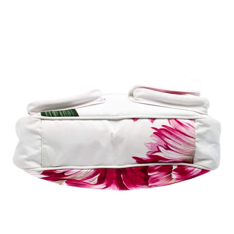 Pre Owned Gianfranco Ferre White/Pink Floral Print Canvas and Leather Pocket Shoulder Bag