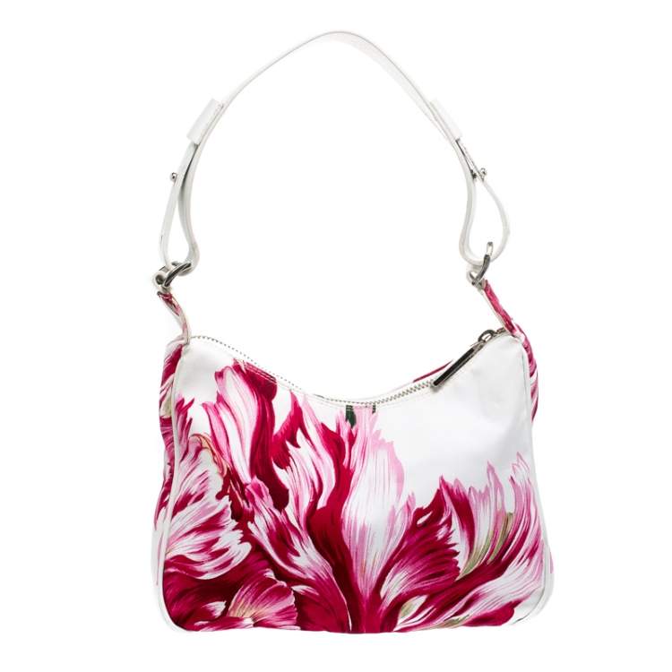 Pre Owned Gianfranco Ferre White/Pink Floral Print Canvas and Leather Pocket Shoulder Bag