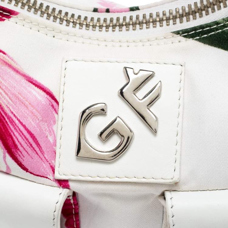 Pre Owned Gianfranco Ferre White/Pink Floral Print Canvas and Leather Pocket Shoulder Bag
