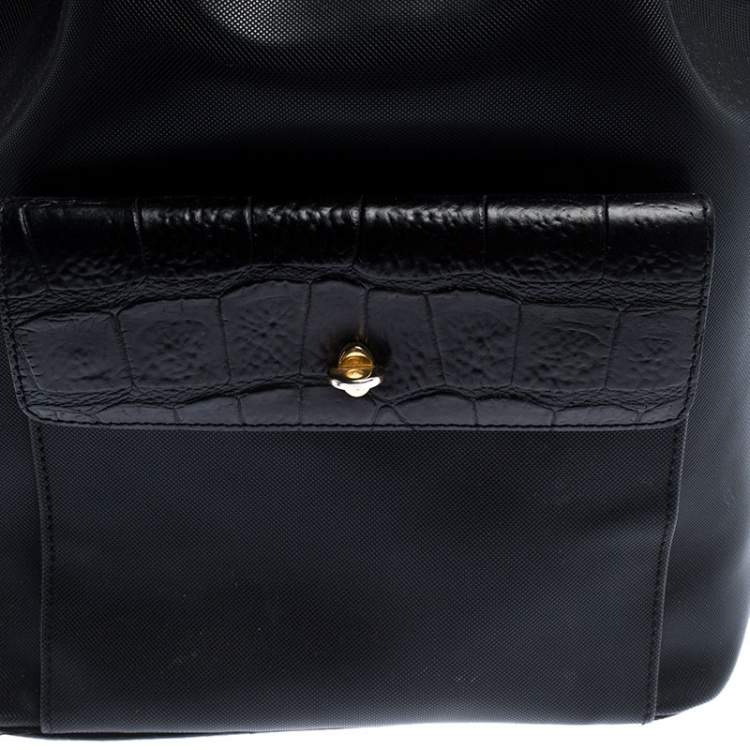 Pre Owned Gianfranco Ferre Black PVC and Crocodile Embossed Leather Pocket Drawstring Sling Bag