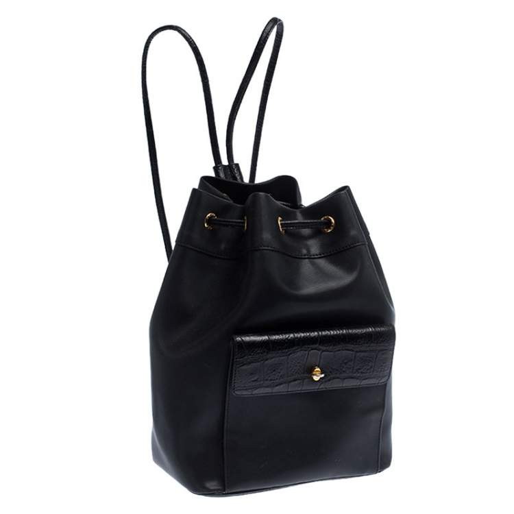 Pre Owned Gianfranco Ferre Black PVC and Crocodile Embossed Leather Pocket Drawstring Sling Bag