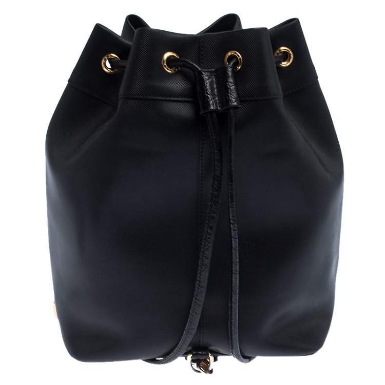 Pre Owned Gianfranco Ferre Black PVC and Crocodile Embossed Leather Pocket Drawstring Sling Bag