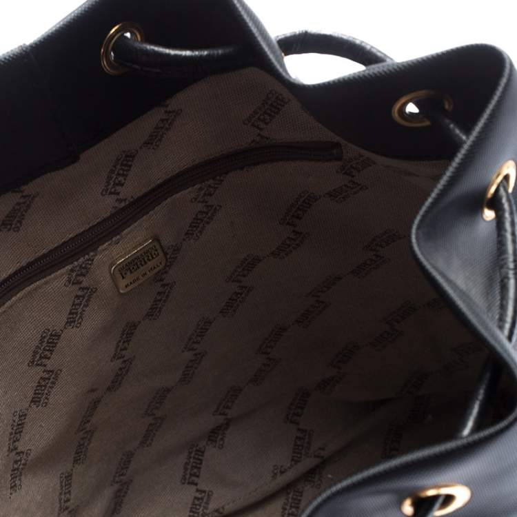 Pre Owned Gianfranco Ferre Black PVC and Crocodile Embossed Leather Pocket Drawstring Sling Bag