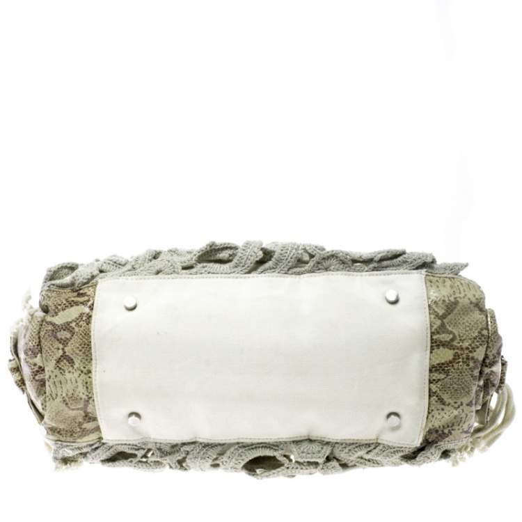 Pre Owned Gianfranco Ferre Olive Green/Cream Crochet and Python Embossed Leather Tote