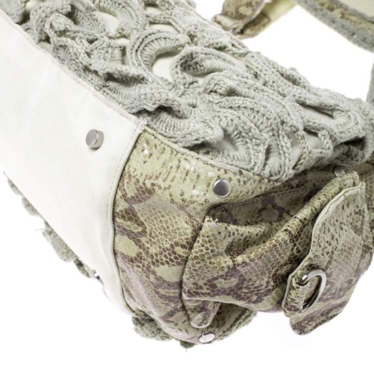 Pre Owned Gianfranco Ferre Olive Green/Cream Crochet and Python Embossed Leather Tote
