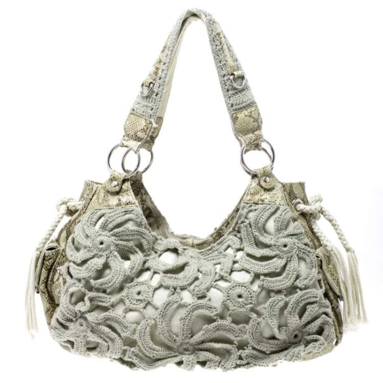 Pre Owned Gianfranco Ferre Olive Green/Cream Crochet and Python Embossed Leather Tote