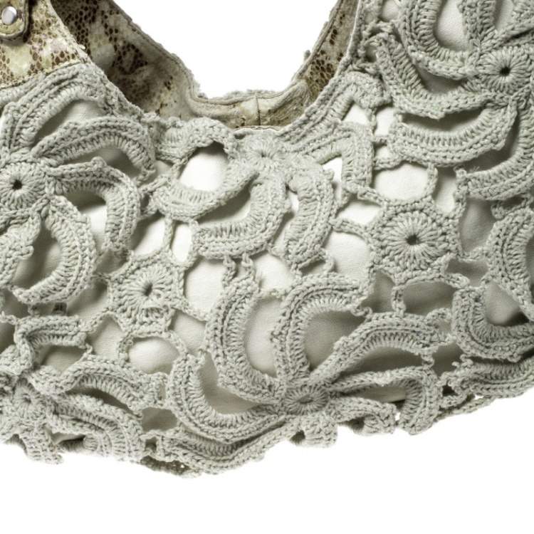 Pre Owned Gianfranco Ferre Olive Green/Cream Crochet and Python Embossed Leather Tote