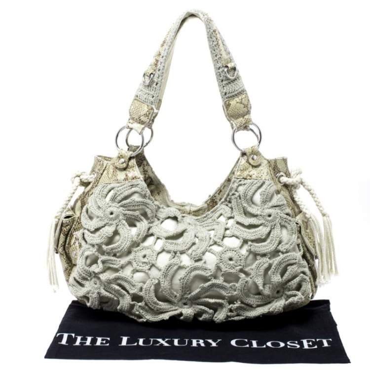 Pre Owned Gianfranco Ferre Olive Green/Cream Crochet and Python Embossed Leather Tote