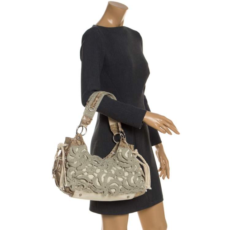Pre Owned Gianfranco Ferre Olive Green/Cream Crochet and Python Embossed Leather Tote