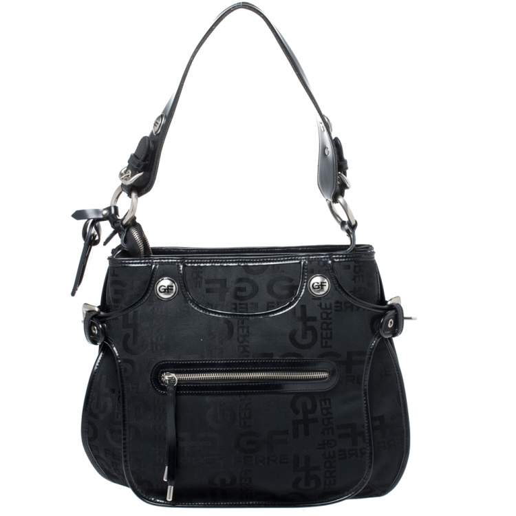 Pre Owned GF Ferre Black Signature Front Zip Hobo