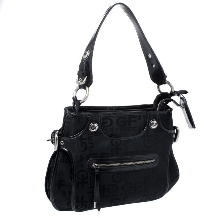 Pre Owned GF Ferre Black Signature Front Zip Hobo