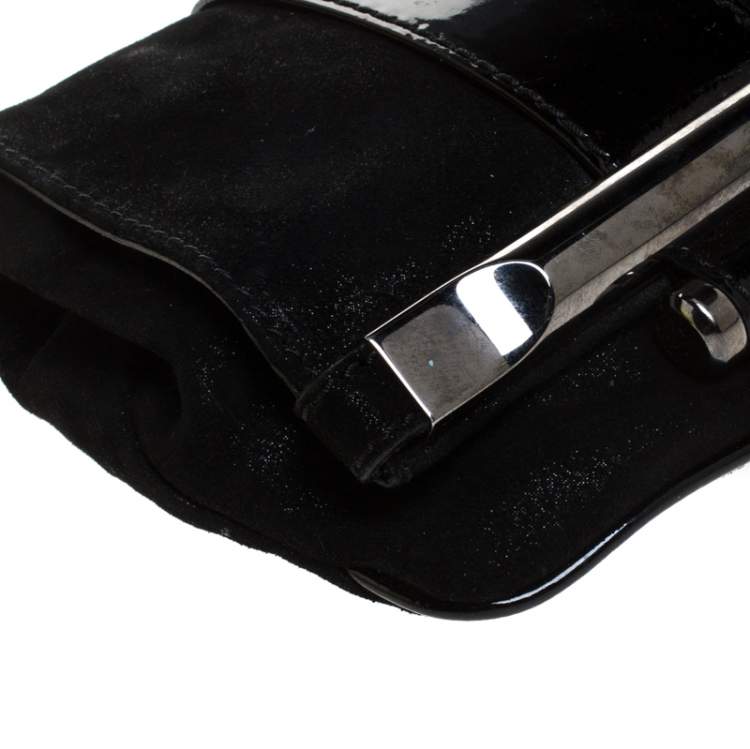 Pre Owned Gianfranco Ferre Black Fabric and Patent Leather Flap Clutch