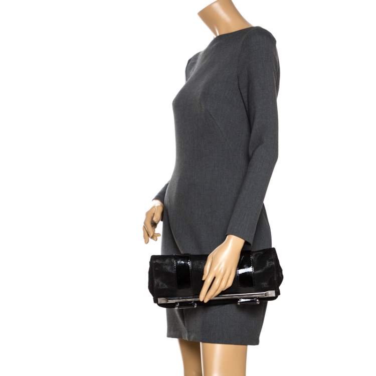 Pre Owned Gianfranco Ferre Black Fabric and Patent Leather Flap Clutch