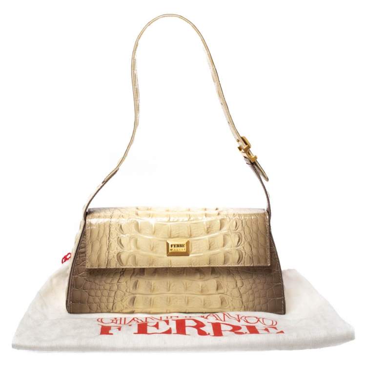 Pre Owned Gianfranco Ferre Croc Embossed Leather Shoulder Bag