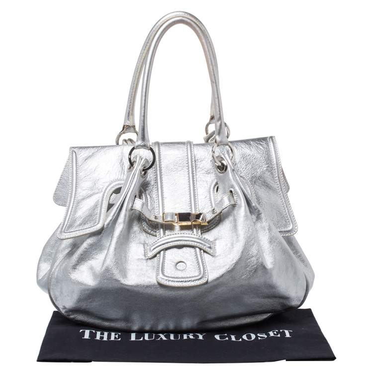 Pre Owned Gianfranco Ferre Silver Leather Flap Buckle Satchel