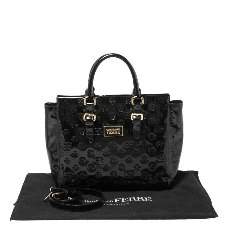 Pre Owned Gianfranco Ferre Signature Embossed Patent Leather Buckle Handle Tote