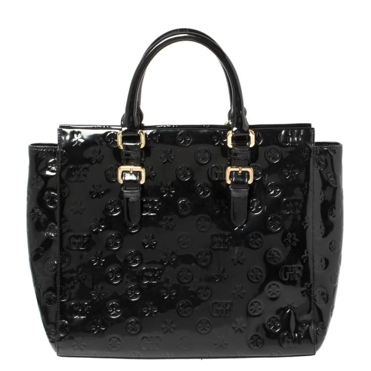 Pre Owned Gianfranco Ferre Signature Embossed Patent Leather Buckle Handle Tote