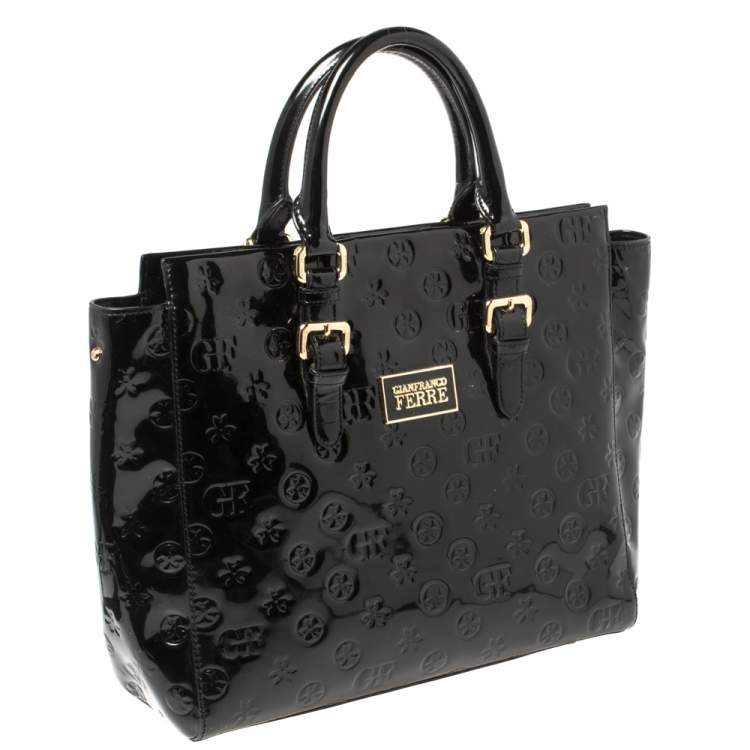 Pre Owned Gianfranco Ferre Signature Embossed Patent Leather Buckle Handle Tote
