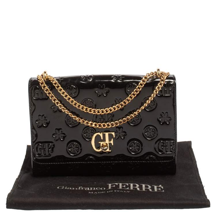 Pre Owned Gianfranco Ferre Black Patent Leather Flap Chain Crossbody Bag