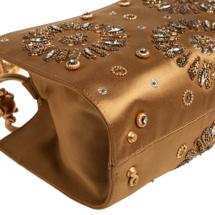 Pre Owned Gianfranco Ferre Gold Satin Crystal Embroidered Top Handle Bag