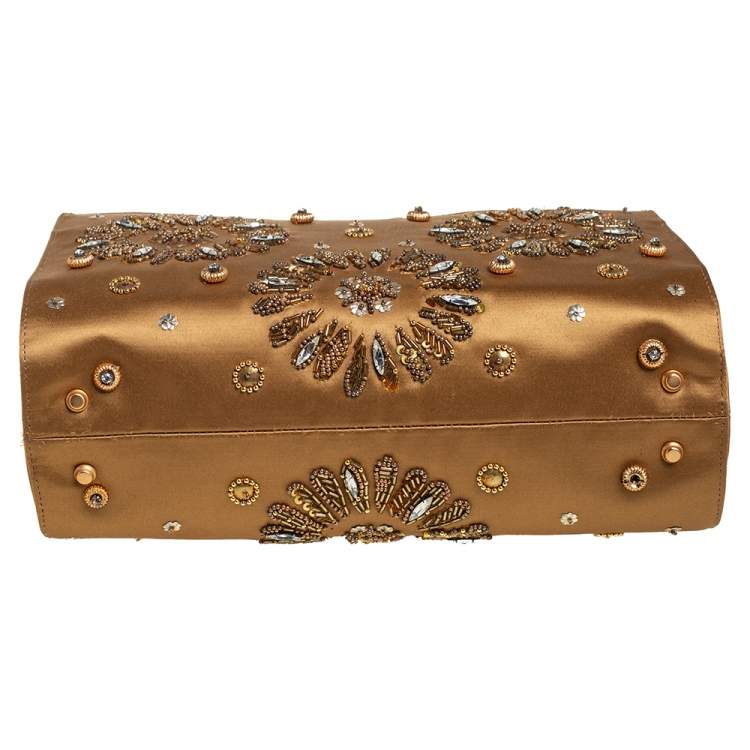 Pre Owned Gianfranco Ferre Gold Satin Crystal Embroidered Top Handle Bag
