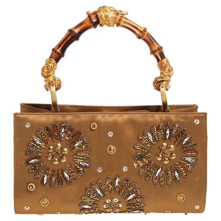 Pre Owned Gianfranco Ferre Gold Satin Crystal Embroidered Top Handle Bag
