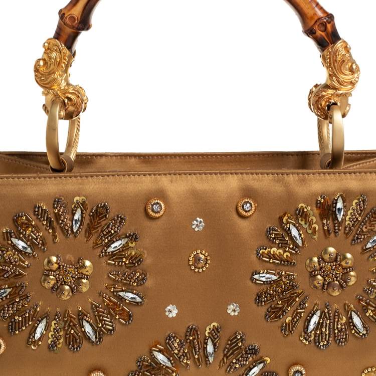 Pre Owned Gianfranco Ferre Gold Satin Crystal Embroidered Top Handle Bag