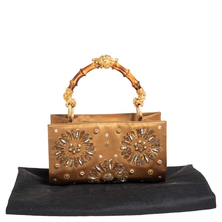 Pre Owned Gianfranco Ferre Gold Satin Crystal Embroidered Top Handle Bag