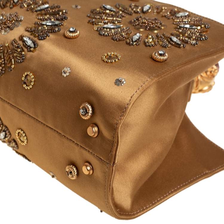 Pre Owned Gianfranco Ferre Gold Satin Crystal Embroidered Top Handle Bag