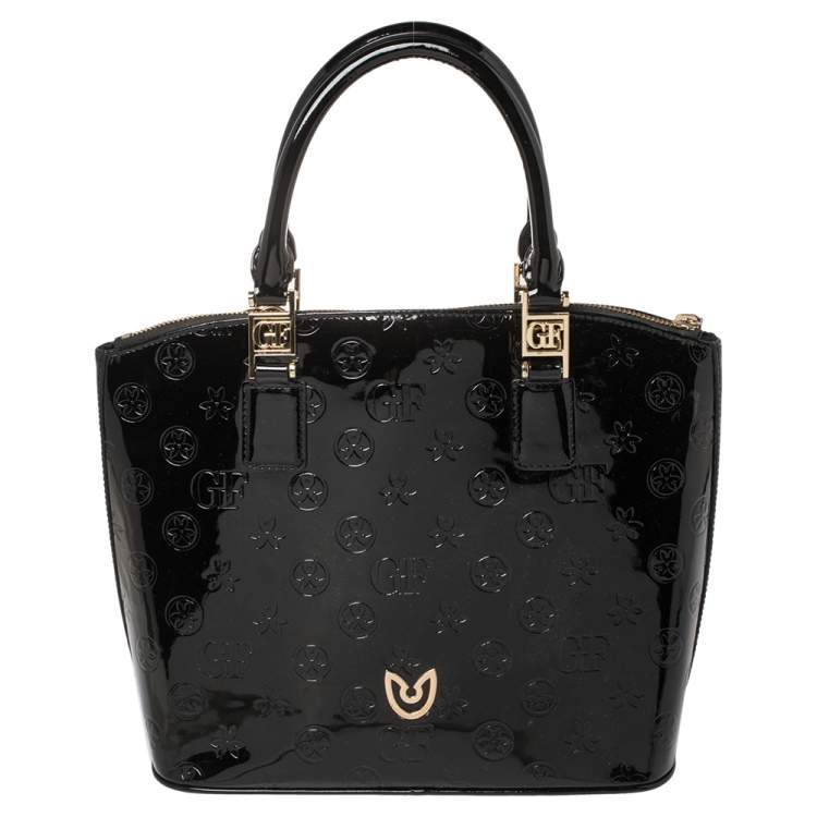 Pre Owned Gianfranco Ferre Black Signature Embossed Patent Leather Satchel 