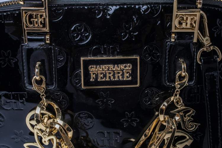 Pre Owned Gianfranco Ferre Black Signature Embossed Patent Leather Satchel 